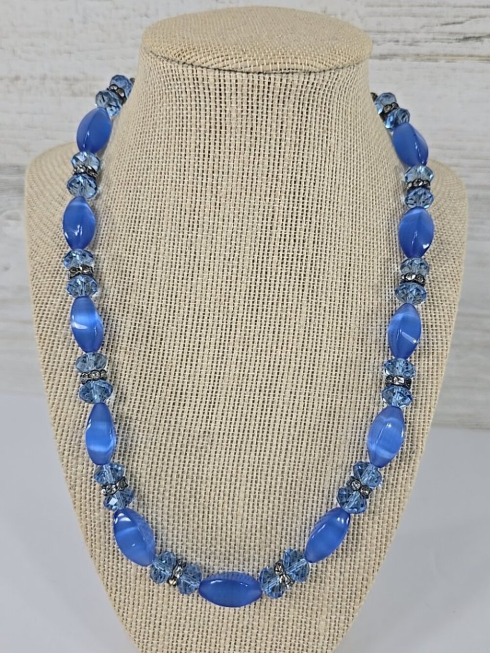 Blue Beaded Statement Necklace Oval & Faceted Beads Boho Handmade Jewelry 20 in.